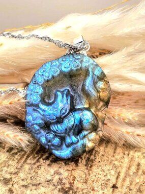 Nature Labradorite Carved Nine Tails Fox Pendant Necklace